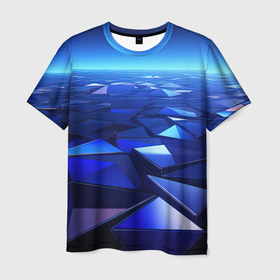 Мужская футболка 3D с принтом Синие объемные блестящие плиты в Екатеринбурге, 100% полиэфир | прямой крой, круглый вырез горловины, длина до линии бедер | 