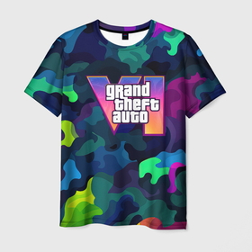 Мужская футболка 3D с принтом Gta logo bright в Курске, 100% полиэфир | прямой крой, круглый вырез горловины, длина до линии бедер | 