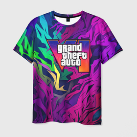 Мужская футболка 3D с принтом Gta лого фиолетовый камуфляж , 100% полиэфир | прямой крой, круглый вырез горловины, длина до линии бедер | 