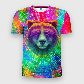 Мужская футболка 3D Slim с принтом Цветной медведь в Белгороде, 100% полиэстер с улучшенными характеристиками | приталенный силуэт, круглая горловина, широкие плечи, сужается к линии бедра | 