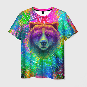 Мужская футболка 3D с принтом Цветной медведь в Петрозаводске, 100% полиэфир | прямой крой, круглый вырез горловины, длина до линии бедер | 