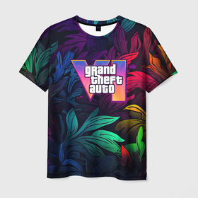 Мужская футболка 3D с принтом Gta лого камуфляж в виде ярких листьев в Белгороде, 100% полиэфир | прямой крой, круглый вырез горловины, длина до линии бедер | Тематика изображения на принте: 