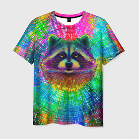 Мужская футболка 3D с принтом Цветной  енот в Курске, 100% полиэфир | прямой крой, круглый вырез горловины, длина до линии бедер | 