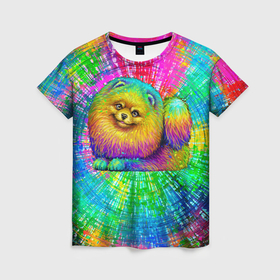 Женская футболка 3D с принтом Цветной шпиц в Санкт-Петербурге, 100% полиэфир ( синтетическое хлопкоподобное полотно) | прямой крой, круглый вырез горловины, длина до линии бедер | 