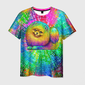 Мужская футболка 3D с принтом Цветной шпиц в Санкт-Петербурге, 100% полиэфир | прямой крой, круглый вырез горловины, длина до линии бедер | Тематика изображения на принте: 