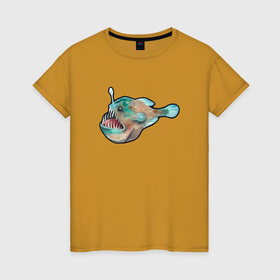 Женская футболка хлопок с принтом Удильщик глубоководный в Белгороде, 100% хлопок | прямой крой, круглый вырез горловины, длина до линии бедер, слегка спущенное плечо | 