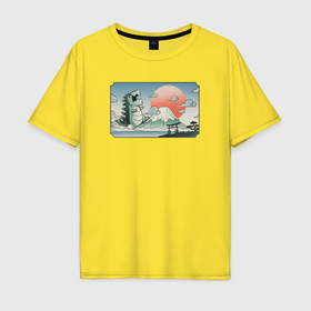 Мужская футболка хлопок Oversize с принтом Монстр горы Фудзи в Новосибирске, 100% хлопок | свободный крой, круглый ворот, “спинка” длиннее передней части | 