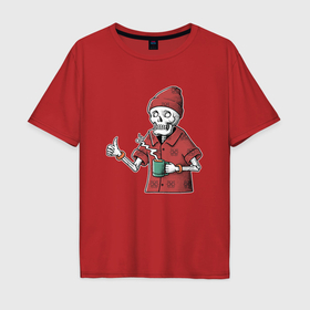 Мужская футболка хлопок Oversize с принтом Скелет с чашечкой кофе , 100% хлопок | свободный крой, круглый ворот, “спинка” длиннее передней части | Тематика изображения на принте: 