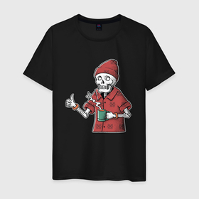 Мужская футболка хлопок с принтом Скелет с чашечкой кофе в Петрозаводске, 100% хлопок | прямой крой, круглый вырез горловины, длина до линии бедер, слегка спущенное плечо. | 