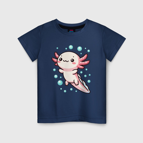 Детская футболка хлопок с принтом Аксолотль под водой , 100% хлопок | круглый вырез горловины, полуприлегающий силуэт, длина до линии бедер | 