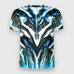 Мужская футболка 3D Slim с принтом Неоновая кибер броня синяя в Новосибирске, 100% полиэстер с улучшенными характеристиками | приталенный силуэт, круглая горловина, широкие плечи, сужается к линии бедра | Тематика изображения на принте: 