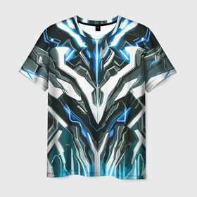 Мужская футболка 3D с принтом Неоновая кибер броня синяя в Новосибирске, 100% полиэфир | прямой крой, круглый вырез горловины, длина до линии бедер | Тематика изображения на принте: 
