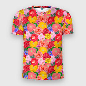 Мужская футболка 3D Slim с принтом Летний цветочный фон в Новосибирске, 100% полиэстер с улучшенными характеристиками | приталенный силуэт, круглая горловина, широкие плечи, сужается к линии бедра | 