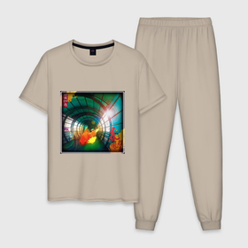 Мужская пижама хлопок с принтом Золотая рыбка в туннеле , 100% хлопок | брюки и футболка прямого кроя, без карманов, на брюках мягкая резинка на поясе и по низу штанин
 | 