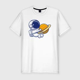 Мужская футболка хлопок Slim с принтом Обнимаю сатурн в Екатеринбурге, 92% хлопок, 8% лайкра | приталенный силуэт, круглый вырез ворота, длина до линии бедра, короткий рукав | Тематика изображения на принте: 