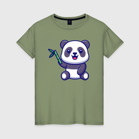 Женская футболка хлопок с принтом Панда и бамбук , 100% хлопок | прямой крой, круглый вырез горловины, длина до линии бедер, слегка спущенное плечо | 