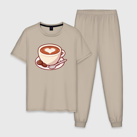 Мужская пижама хлопок с принтом Love coffee в Санкт-Петербурге, 100% хлопок | брюки и футболка прямого кроя, без карманов, на брюках мягкая резинка на поясе и по низу штанин
 | Тематика изображения на принте: 