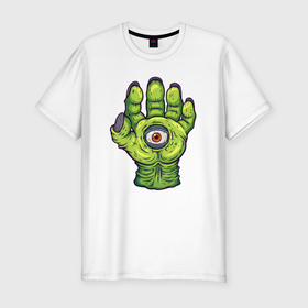 Мужская футболка хлопок Slim с принтом Рука зомби с глазом в Петрозаводске, 92% хлопок, 8% лайкра | приталенный силуэт, круглый вырез ворота, длина до линии бедра, короткий рукав | 