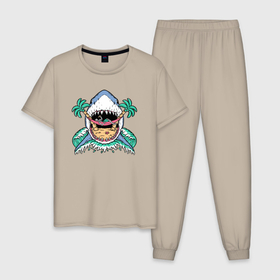 Мужская пижама хлопок с принтом Summer shark в Екатеринбурге, 100% хлопок | брюки и футболка прямого кроя, без карманов, на брюках мягкая резинка на поясе и по низу штанин
 | 