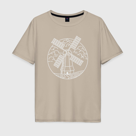 Мужская футболка хлопок Oversize с принтом Ветряная мельница в Санкт-Петербурге, 100% хлопок | свободный крой, круглый ворот, “спинка” длиннее передней части | Тематика изображения на принте: 