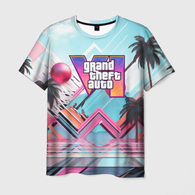 Мужская футболка 3D с принтом Gta 6 логотип в стиле vice city , 100% полиэфир | прямой крой, круглый вырез горловины, длина до линии бедер | 