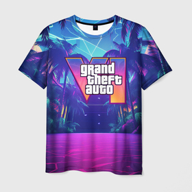 Мужская футболка 3D с принтом Gta 6 логотип в стиле ночного vice city , 100% полиэфир | прямой крой, круглый вырез горловины, длина до линии бедер | 