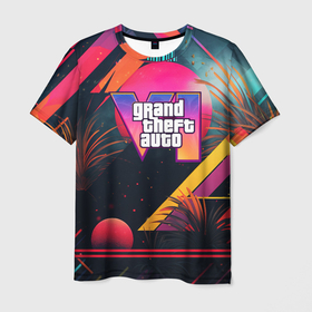 Мужская футболка 3D с принтом GTA 6 logo абстракция яркая в Курске, 100% полиэфир | прямой крой, круглый вырез горловины, длина до линии бедер | 