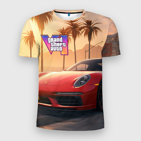Мужская футболка 3D Slim с принтом GTA 6 logo auto style в Курске, 100% полиэстер с улучшенными характеристиками | приталенный силуэт, круглая горловина, широкие плечи, сужается к линии бедра | 