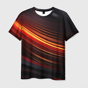Мужская футболка 3D с принтом Яркая оранжевая полосы на черной абстракции в Курске, 100% полиэфир | прямой крой, круглый вырез горловины, длина до линии бедер | 