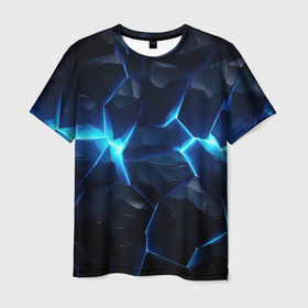 Мужская футболка 3D с принтом Синий неоновый разлом черной абстракции в Кировске, 100% полиэфир | прямой крой, круглый вырез горловины, длина до линии бедер | 