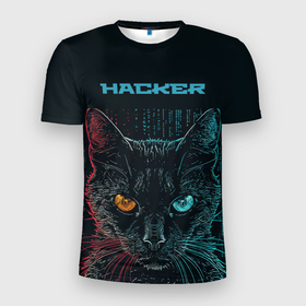 Мужская футболка 3D Slim с принтом Cat    hacker в Новосибирске, 100% полиэстер с улучшенными характеристиками | приталенный силуэт, круглая горловина, широкие плечи, сужается к линии бедра | Тематика изображения на принте: 