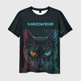 Мужская футболка 3D с принтом Cat    hacker в Новосибирске, 100% полиэфир | прямой крой, круглый вырез горловины, длина до линии бедер | Тематика изображения на принте: 