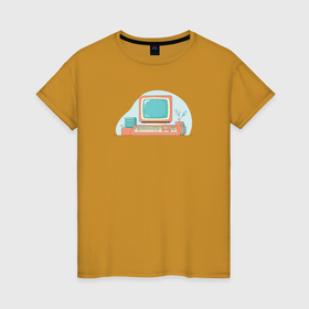 Женская футболка хлопок с принтом Старый компьютер с клавиатурой в Белгороде, 100% хлопок | прямой крой, круглый вырез горловины, длина до линии бедер, слегка спущенное плечо | 