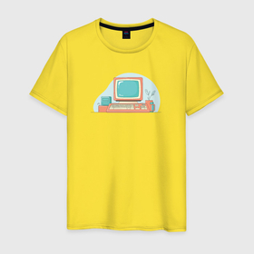 Мужская футболка хлопок с принтом Старый компьютер с клавиатурой , 100% хлопок | прямой крой, круглый вырез горловины, длина до линии бедер, слегка спущенное плечо. | 