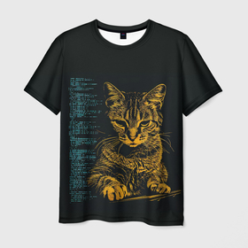 Мужская футболка 3D с принтом Кот и программный код в Рязани, 100% полиэфир | прямой крой, круглый вырез горловины, длина до линии бедер | 
