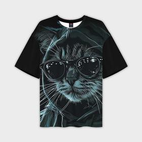 Мужская футболка oversize 3D с принтом Кот хакер в черных очках в Санкт-Петербурге,  |  | Тематика изображения на принте: 