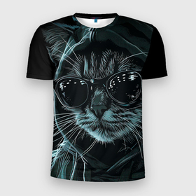 Мужская футболка 3D Slim с принтом Кот хакер в черных очках в Санкт-Петербурге, 100% полиэстер с улучшенными характеристиками | приталенный силуэт, круглая горловина, широкие плечи, сужается к линии бедра | Тематика изображения на принте: 