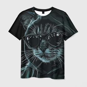 Мужская футболка 3D с принтом Кот хакер в черных очках в Тюмени, 100% полиэфир | прямой крой, круглый вырез горловины, длина до линии бедер | 