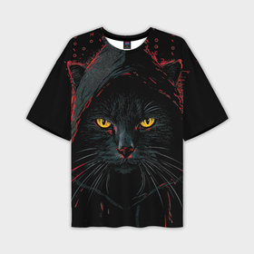 Мужская футболка oversize 3D с принтом Черный кот  хакер в Санкт-Петербурге,  |  | Тематика изображения на принте: 