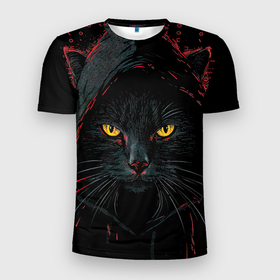 Мужская футболка 3D Slim с принтом Черный кот  хакер в Санкт-Петербурге, 100% полиэстер с улучшенными характеристиками | приталенный силуэт, круглая горловина, широкие плечи, сужается к линии бедра | Тематика изображения на принте: 