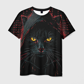 Мужская футболка 3D с принтом Черный кот  хакер в Тюмени, 100% полиэфир | прямой крой, круглый вырез горловины, длина до линии бедер | 