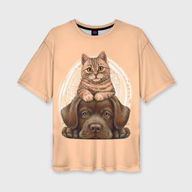 Женская футболка oversize 3D с принтом Кошка с собакой ,  |  | 