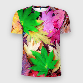 Мужская футболка 3D Slim с принтом Разноцветные осенние листья , 100% полиэстер с улучшенными характеристиками | приталенный силуэт, круглая горловина, широкие плечи, сужается к линии бедра | 