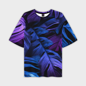 Мужская футболка oversize 3D с принтом Листья монстера под сине фиолетовым свечением ,  |  | Тематика изображения на принте: 