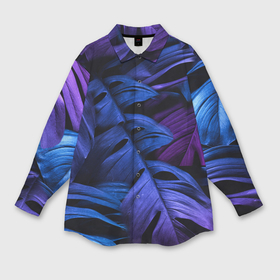 Мужская рубашка oversize 3D с принтом Листья монстера под сине фиолетовым свечением ,  |  | Тематика изображения на принте: 