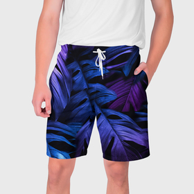 Мужские шорты 3D с принтом Листья монстера под сине фиолетовым свечением в Санкт-Петербурге,  полиэстер 100% | прямой крой, два кармана без застежек по бокам. Мягкая трикотажная резинка на поясе, внутри которой широкие завязки. Длина чуть выше колен | 