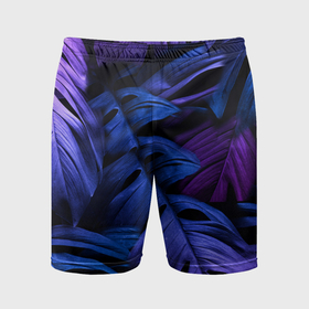 Мужские шорты спортивные с принтом Листья монстера под сине фиолетовым свечением ,  |  | Тематика изображения на принте: 
