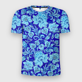 Мужская футболка 3D Slim с принтом Узоры гжель на темно синем фоне в Петрозаводске, 100% полиэстер с улучшенными характеристиками | приталенный силуэт, круглая горловина, широкие плечи, сужается к линии бедра | Тематика изображения на принте: 