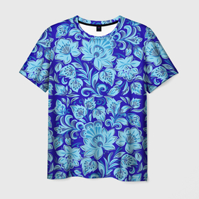 Мужская футболка 3D с принтом Узоры гжель на темно синем фоне в Петрозаводске, 100% полиэфир | прямой крой, круглый вырез горловины, длина до линии бедер | Тематика изображения на принте: 