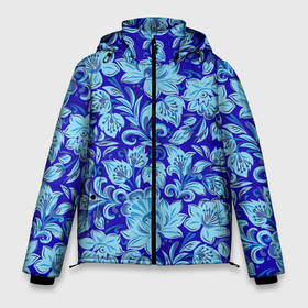 Мужская зимняя куртка 3D с принтом Узоры гжель на темно синем фоне в Екатеринбурге, верх — 100% полиэстер; подкладка — 100% полиэстер; утеплитель — 100% полиэстер | длина ниже бедра, свободный силуэт Оверсайз. Есть воротник-стойка, отстегивающийся капюшон и ветрозащитная планка. 

Боковые карманы с листочкой на кнопках и внутренний карман на молнии. | Тематика изображения на принте: 